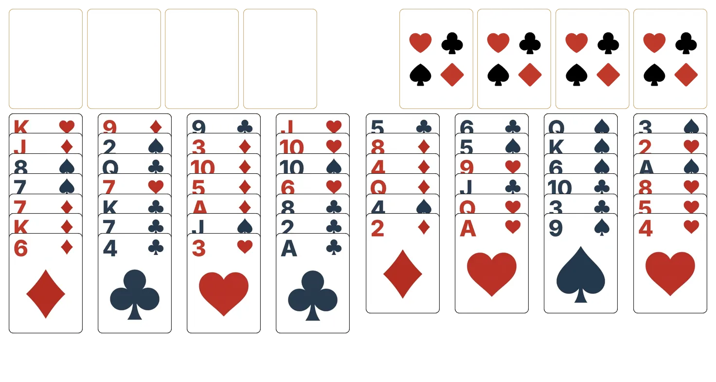 Baker's Game (Kings Only) solitaire - opening position of the walkthrough