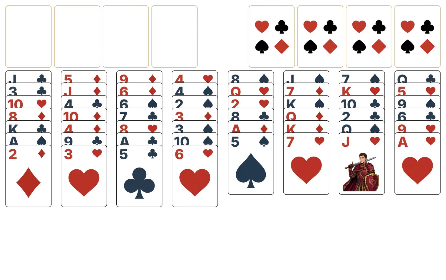 FreeCell solitaire - opening position of the walkthrough