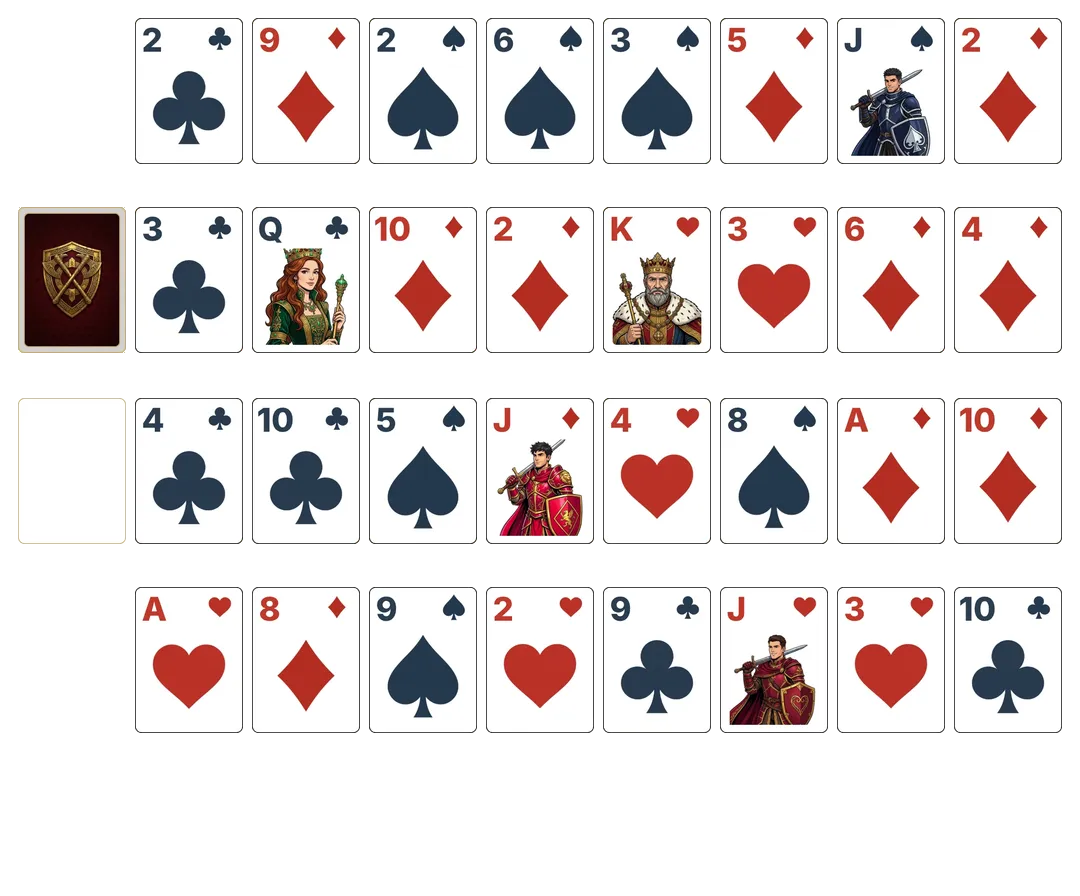 Royal Parade (Relaxed) solitaire - opening position of the walkthrough
