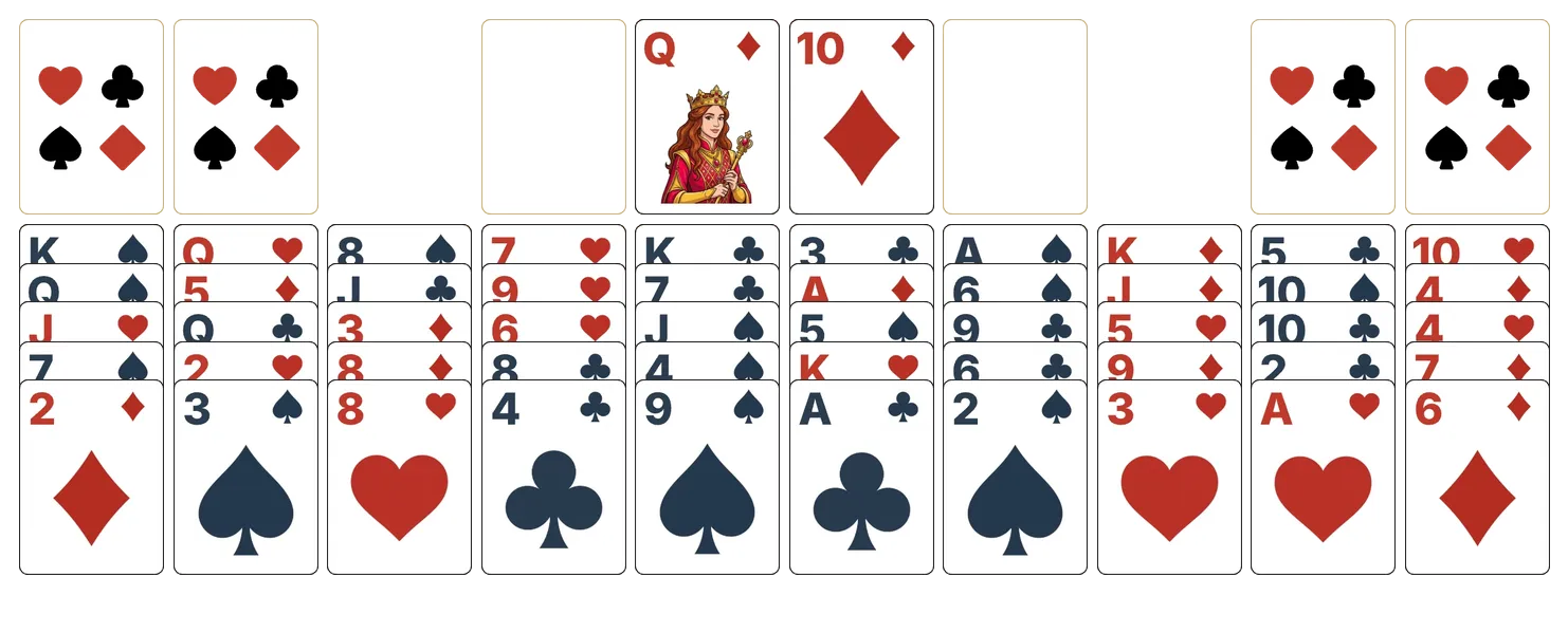 Seahaven Towers (Relaxed) solitaire - opening position of the walkthrough