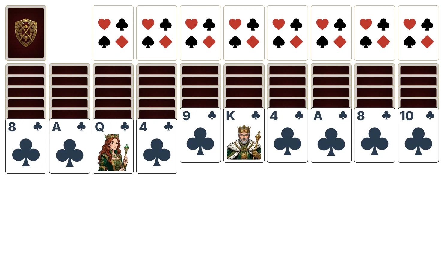 Spider (1 Suit) solitaire - opening position of the walkthrough